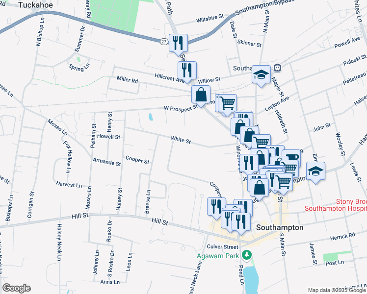 map of restaurants, bars, coffee shops, grocery stores, and more near 131 White Street in Southampton