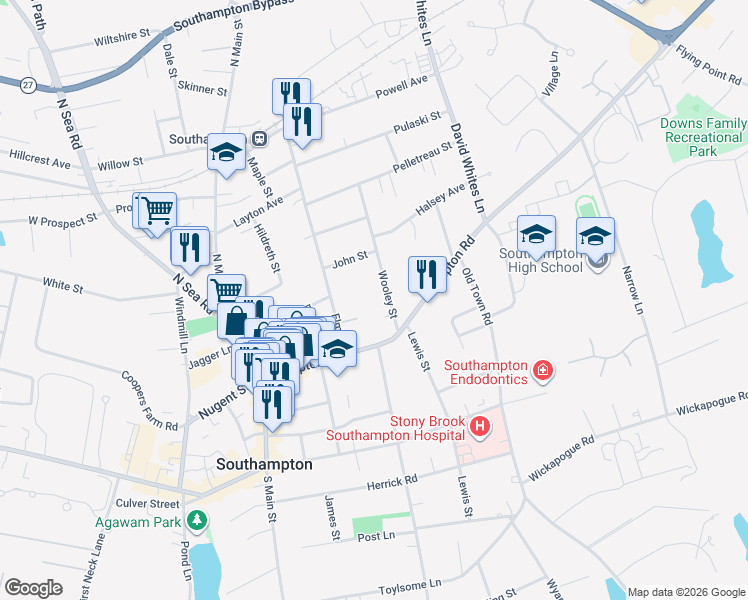 map of restaurants, bars, coffee shops, grocery stores, and more near 76 Elm Street in Southampton