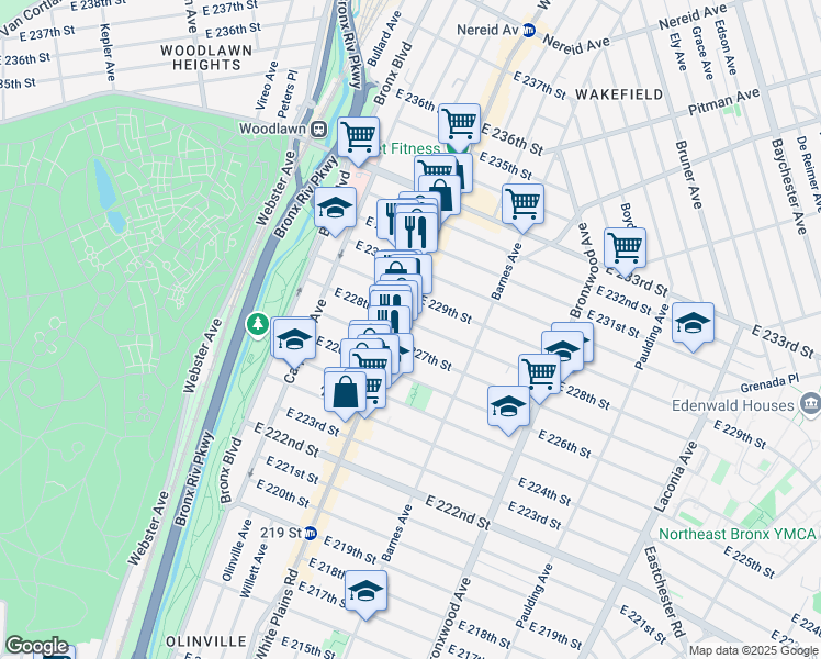 map of restaurants, bars, coffee shops, grocery stores, and more near in The Bronx
