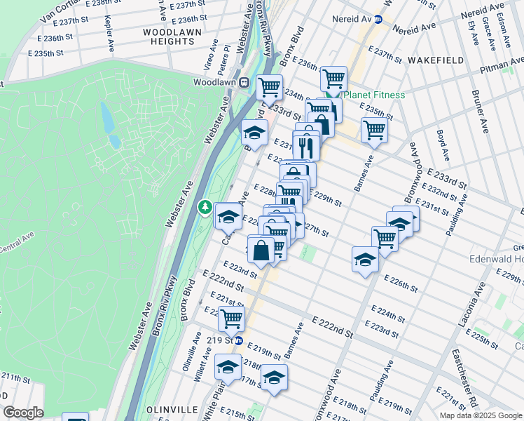 map of restaurants, bars, coffee shops, grocery stores, and more near 647 East 227th Street in Bronx