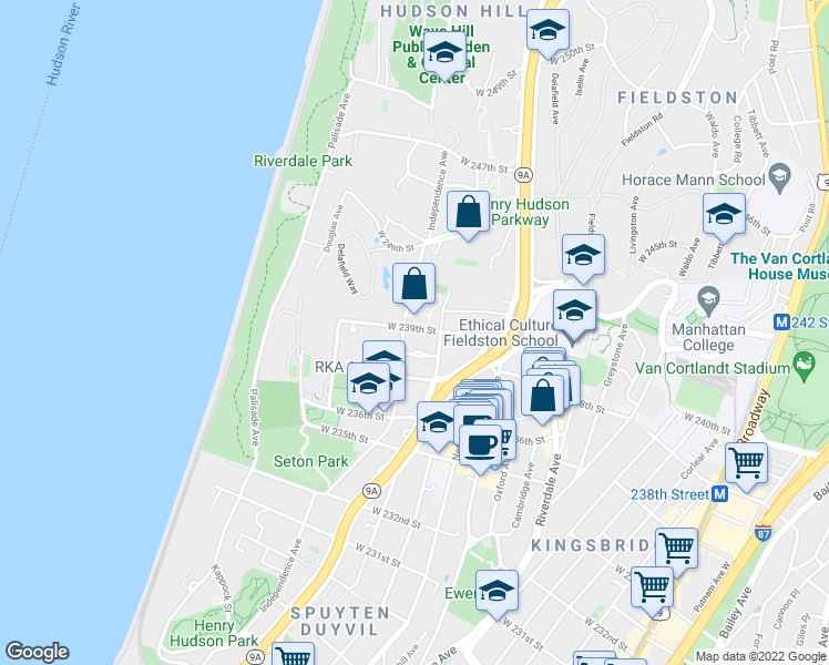 map of restaurants, bars, coffee shops, grocery stores, and more near 645 West 239th Street in Bronx