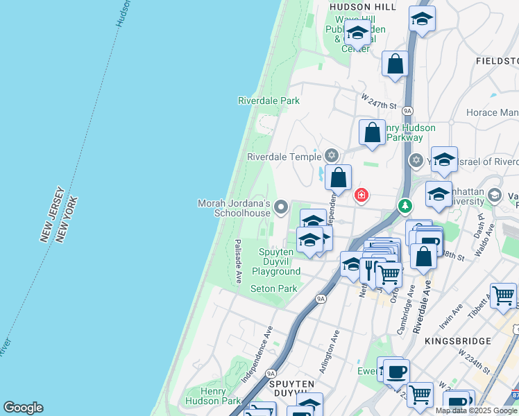 map of restaurants, bars, coffee shops, grocery stores, and more near 4483 Douglas Avenue in The Bronx