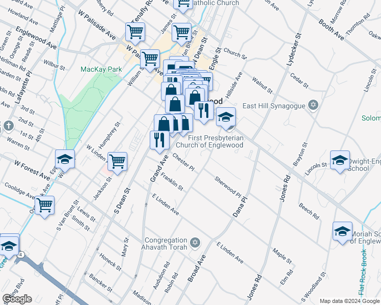 map of restaurants, bars, coffee shops, grocery stores, and more near 81 Grand Avenue in Englewood