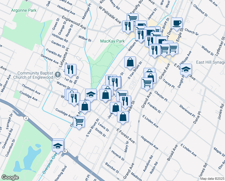 map of restaurants, bars, coffee shops, grocery stores, and more near 184 Humphrey Street in Englewood