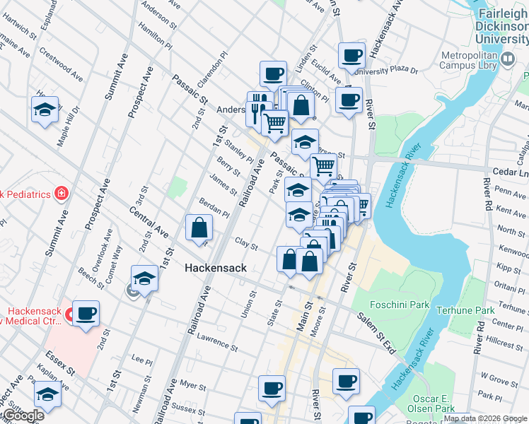 map of restaurants, bars, coffee shops, grocery stores, and more near 352 Park Street in Hackensack