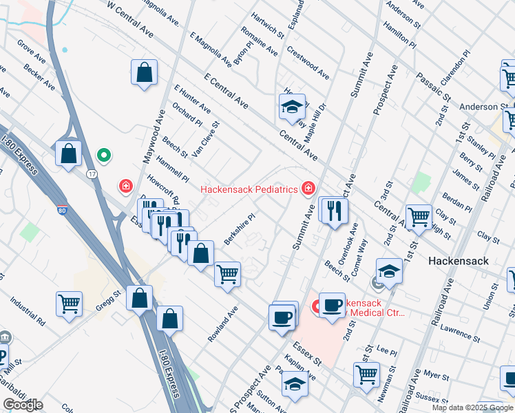 map of restaurants, bars, coffee shops, grocery stores, and more near 455 Beech Street in Hackensack