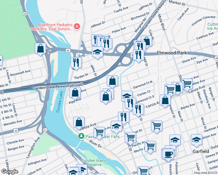 map of restaurants, bars, coffee shops, grocery stores, and more near 124 Martha Avenue in Elmwood Park
