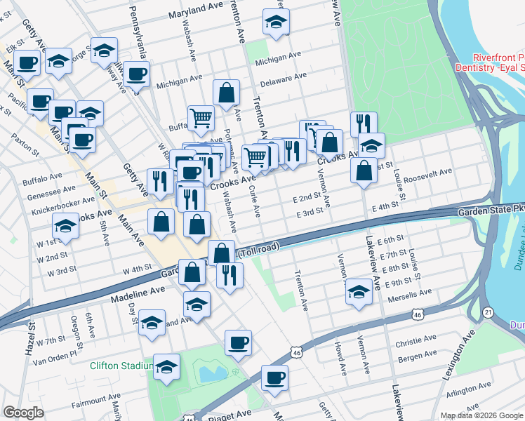 map of restaurants, bars, coffee shops, grocery stores, and more near 122 East 2nd Street in Clifton