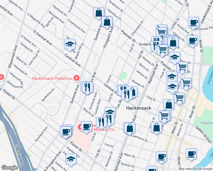 map of restaurants, bars, coffee shops, grocery stores, and more near Central Avenue & 3rd Street in Hackensack