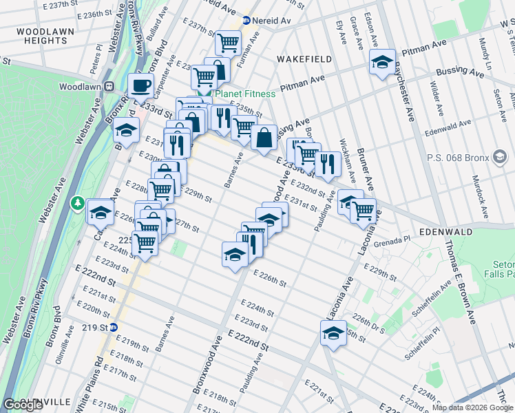 map of restaurants, bars, coffee shops, grocery stores, and more near 847 East 230th Street in Bronx