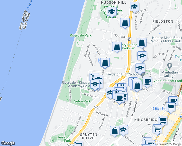 map of restaurants, bars, coffee shops, grocery stores, and more near 3861 Hudson Manor Terrace in Bronx