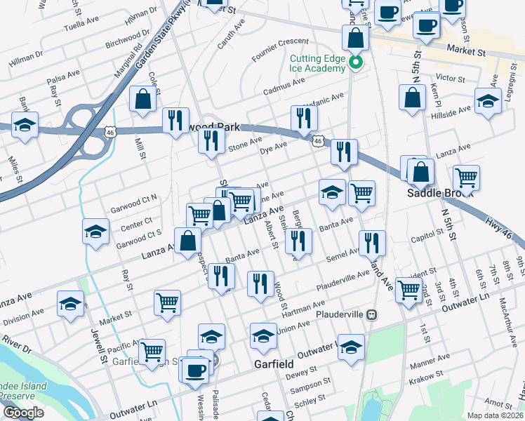 map of restaurants, bars, coffee shops, grocery stores, and more near 408 Madeline Avenue in Garfield