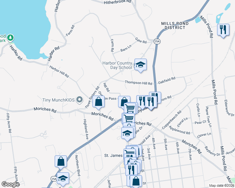 map of restaurants, bars, coffee shops, grocery stores, and more near 19 Hill Road in Saint James
