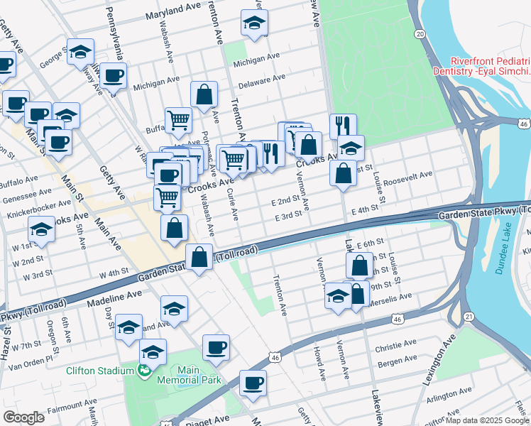 map of restaurants, bars, coffee shops, grocery stores, and more near 205 Trenton Avenue in Clifton