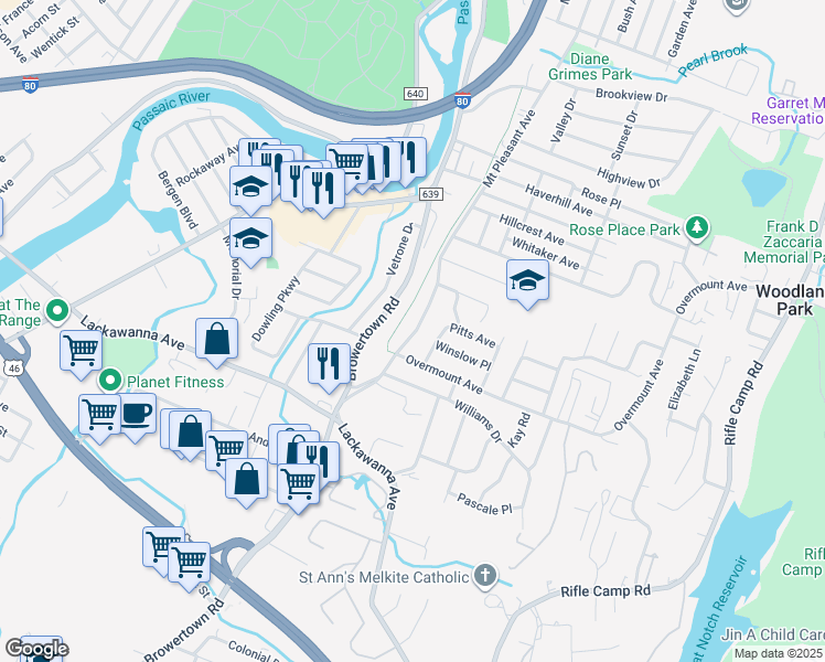 map of restaurants, bars, coffee shops, grocery stores, and more near 425 Mount Pleasant Avenue in Woodland Park