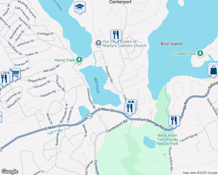 map of restaurants, bars, coffee shops, grocery stores, and more near 3 Haven Court in Centerport