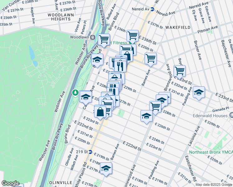 map of restaurants, bars, coffee shops, grocery stores, and more near in The Bronx