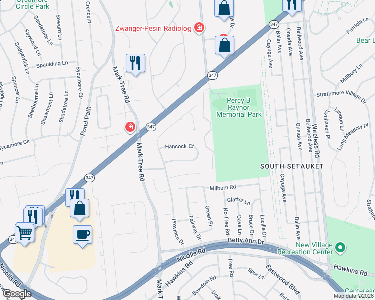 map of restaurants, bars, coffee shops, grocery stores, and more near 30 Hancock Court in Centereach