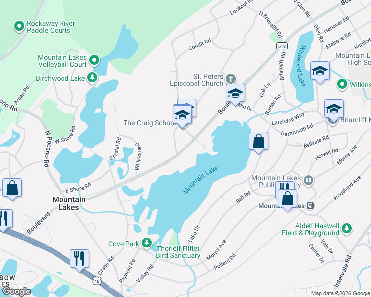 map of restaurants, bars, coffee shops, grocery stores, and more near 293 Boulevard in Mountain Lakes