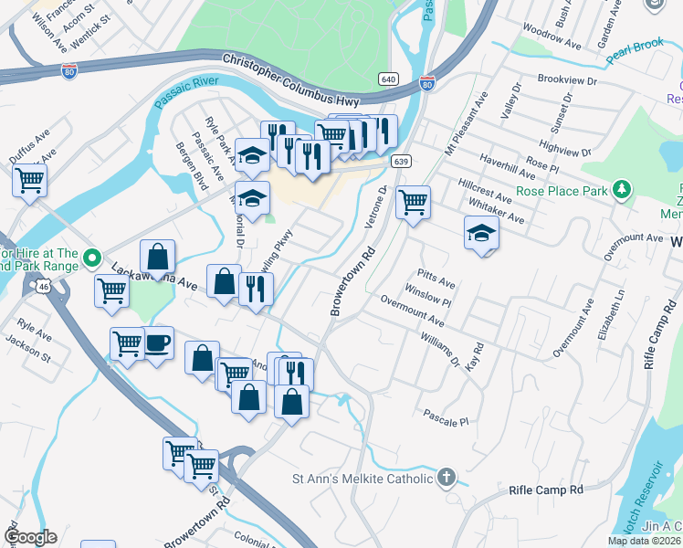 map of restaurants, bars, coffee shops, grocery stores, and more near 49 Vetrone Drive in Woodland Park