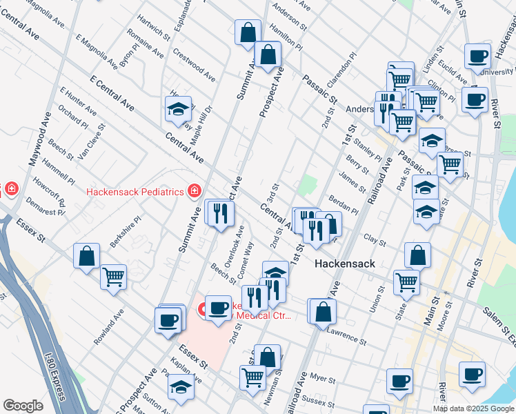 map of restaurants, bars, coffee shops, grocery stores, and more near 212 Prospect Avenue in Hackensack