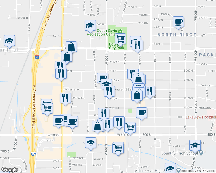 map of restaurants, bars, coffee shops, grocery stores, and more near 48 North 200 West in Bountiful