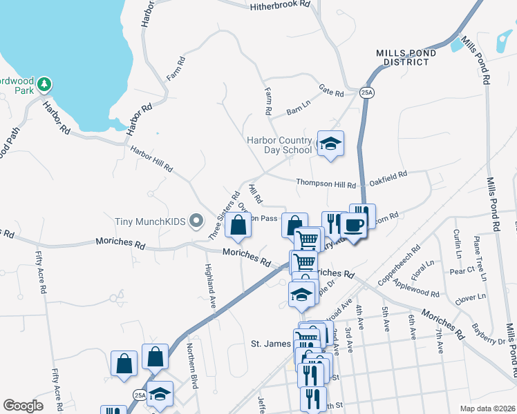 map of restaurants, bars, coffee shops, grocery stores, and more near 12 Hill Road in Saint James