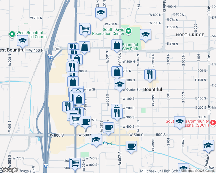 map of restaurants, bars, coffee shops, grocery stores, and more near 314 West Center Street in Bountiful