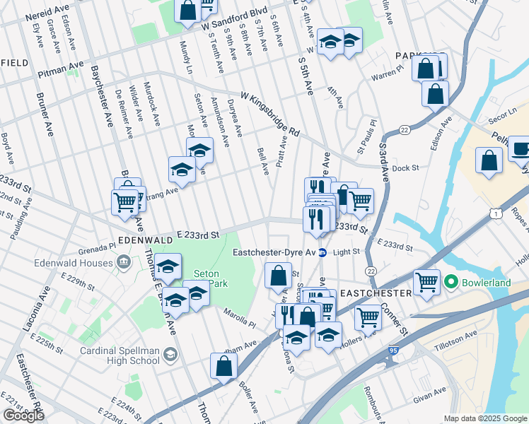 map of restaurants, bars, coffee shops, grocery stores, and more near 3919 Pratt Avenue in Bronx