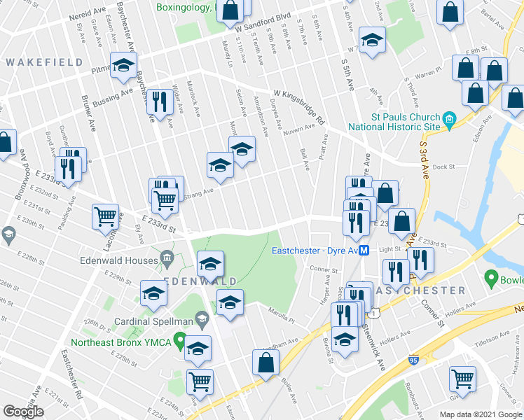 map of restaurants, bars, coffee shops, grocery stores, and more near 3938 Monticello Avenue in Bronx
