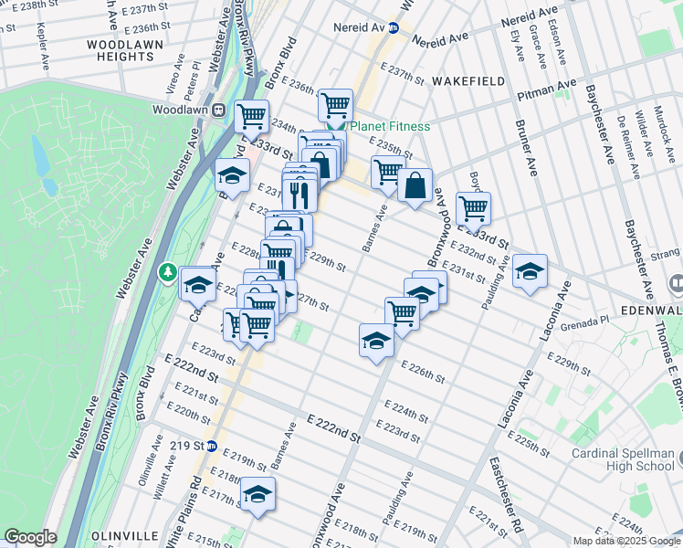 map of restaurants, bars, coffee shops, grocery stores, and more near 754 East 229th Street in The Bronx