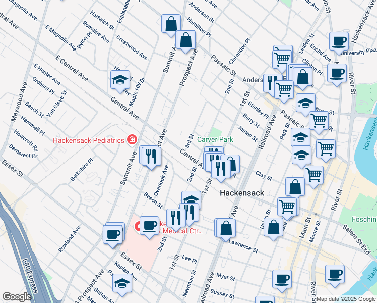 map of restaurants, bars, coffee shops, grocery stores, and more near 242 3rd Street in Hackensack