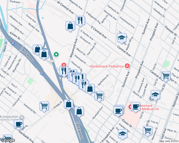 map of restaurants, bars, coffee shops, grocery stores, and more near 107 Maybrook Drive in Maywood