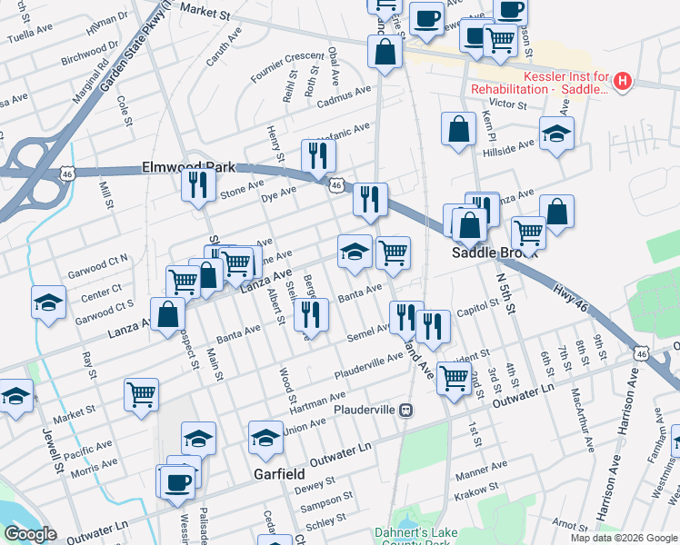 map of restaurants, bars, coffee shops, grocery stores, and more near 75 Alpine Street in Garfield