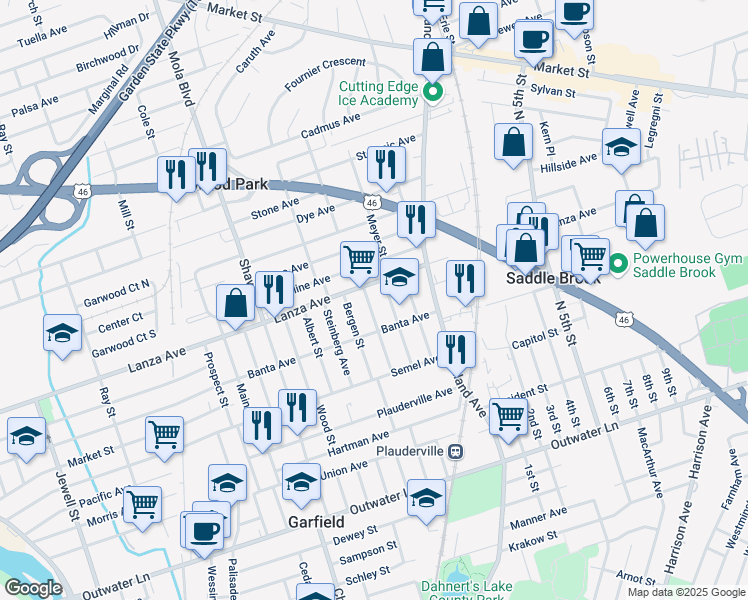 map of restaurants, bars, coffee shops, grocery stores, and more near 75 Alpine Street in Garfield
