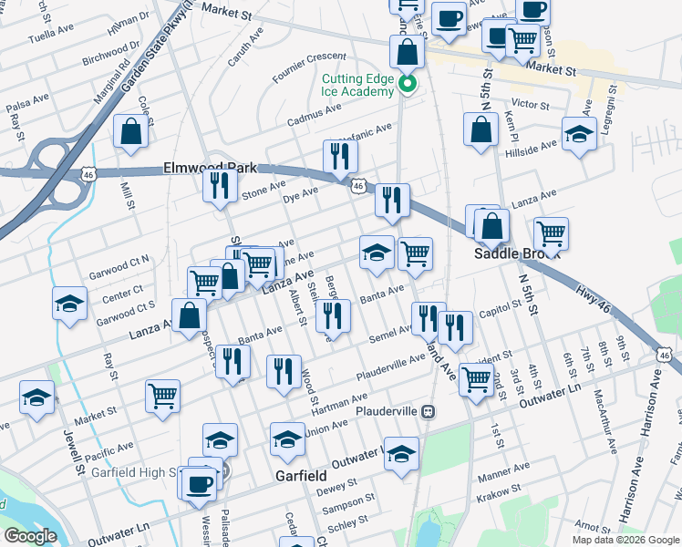 map of restaurants, bars, coffee shops, grocery stores, and more near 439 Lanza Avenue in Garfield