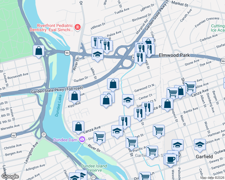 map of restaurants, bars, coffee shops, grocery stores, and more near 124 Martha Avenue in Elmwood Park