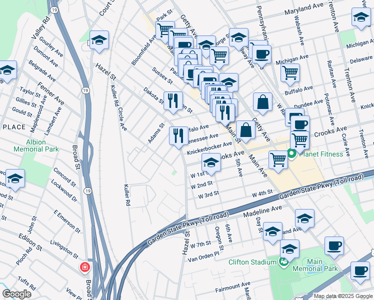 map of restaurants, bars, coffee shops, grocery stores, and more near 1090 Main Street in Paterson