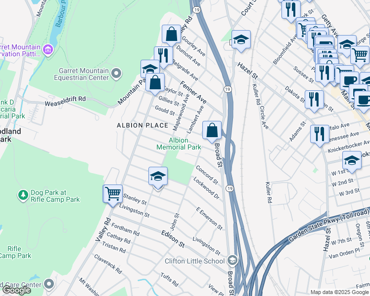 map of restaurants, bars, coffee shops, grocery stores, and more near 65 Warren Street in Clifton