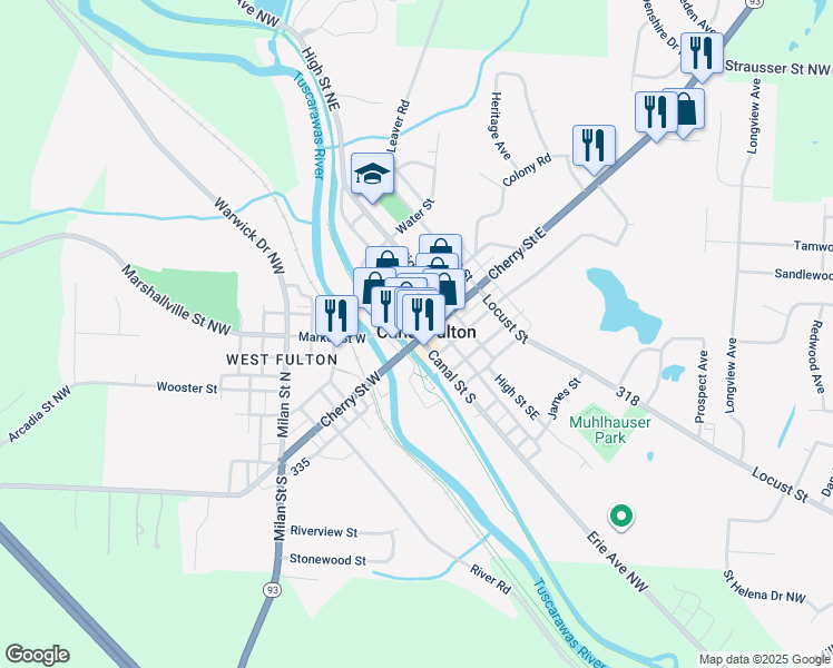map of restaurants, bars, coffee shops, grocery stores, and more near 139 Canal Street North in Canal Fulton