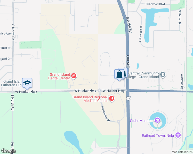 map of restaurants, bars, coffee shops, grocery stores, and more near Prairieview Street in Grand Island