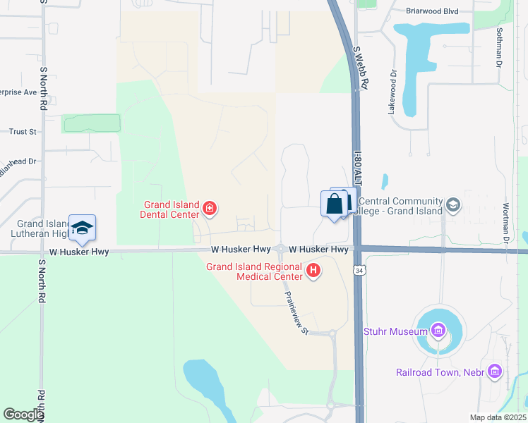 map of restaurants, bars, coffee shops, grocery stores, and more near Prairieview Street in Grand Island