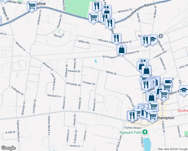 map of restaurants, bars, coffee shops, grocery stores, and more near 161 Breese Lane in Southampton