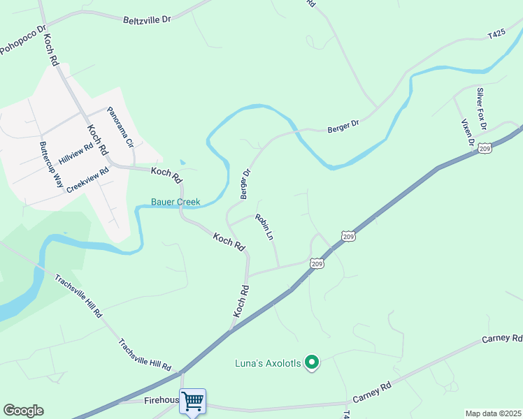 map of restaurants, bars, coffee shops, grocery stores, and more near 125 Robin Lane in Kunkletown