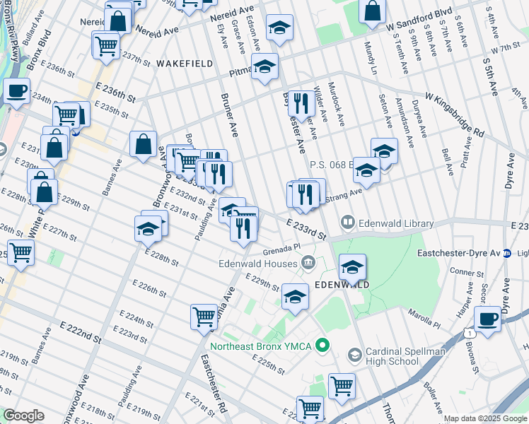 map of restaurants, bars, coffee shops, grocery stores, and more near 1079 East 233rd Street in Bronx