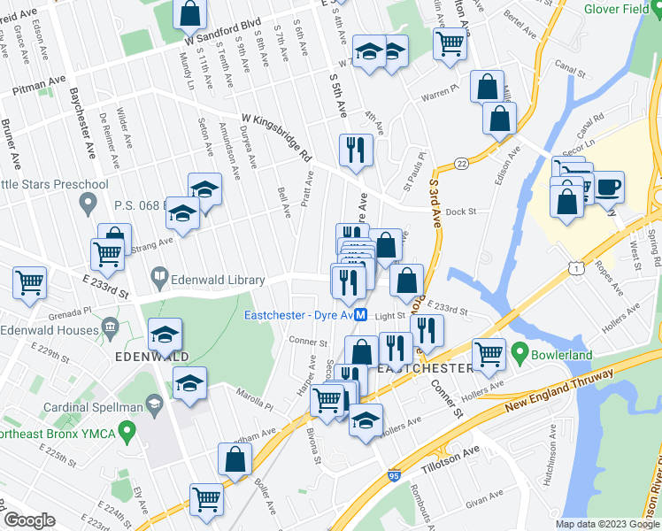 map of restaurants, bars, coffee shops, grocery stores, and more near 3909 Secor Avenue in The Bronx