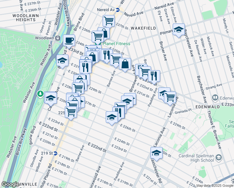 map of restaurants, bars, coffee shops, grocery stores, and more near 847 East 230th Street in Bronx
