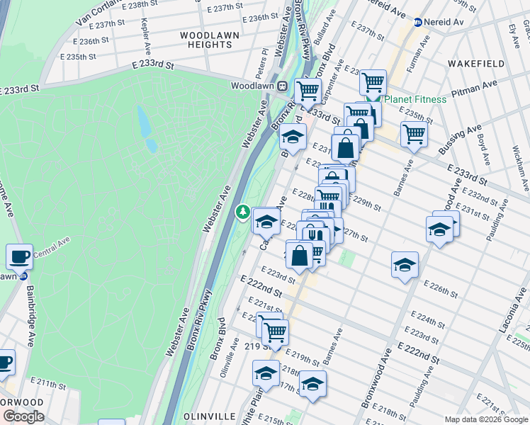 map of restaurants, bars, coffee shops, grocery stores, and more near in The Bronx