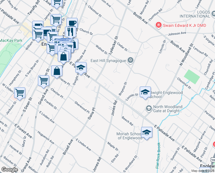 map of restaurants, bars, coffee shops, grocery stores, and more near 233 East Palisade Avenue in Englewood