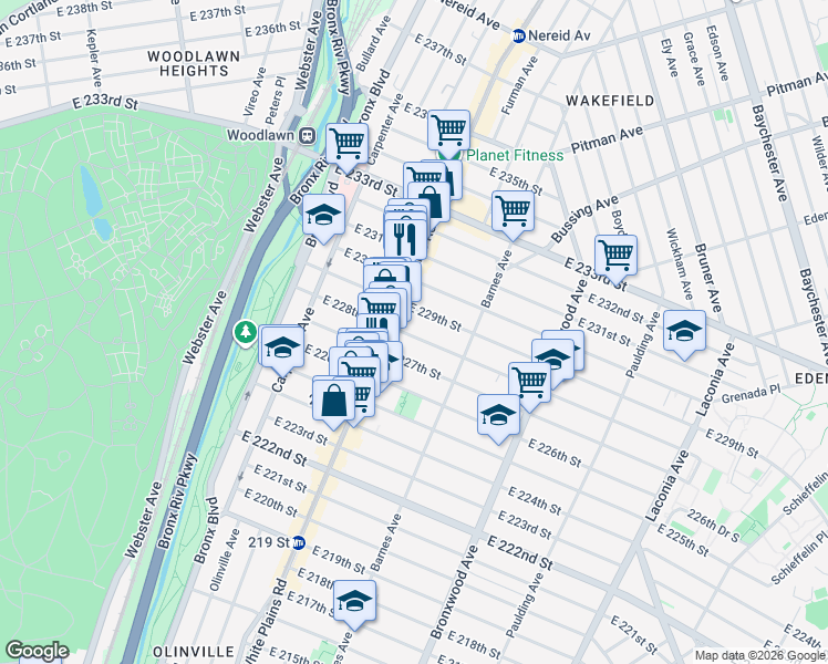 map of restaurants, bars, coffee shops, grocery stores, and more near 721 East 228th Street in Bronx